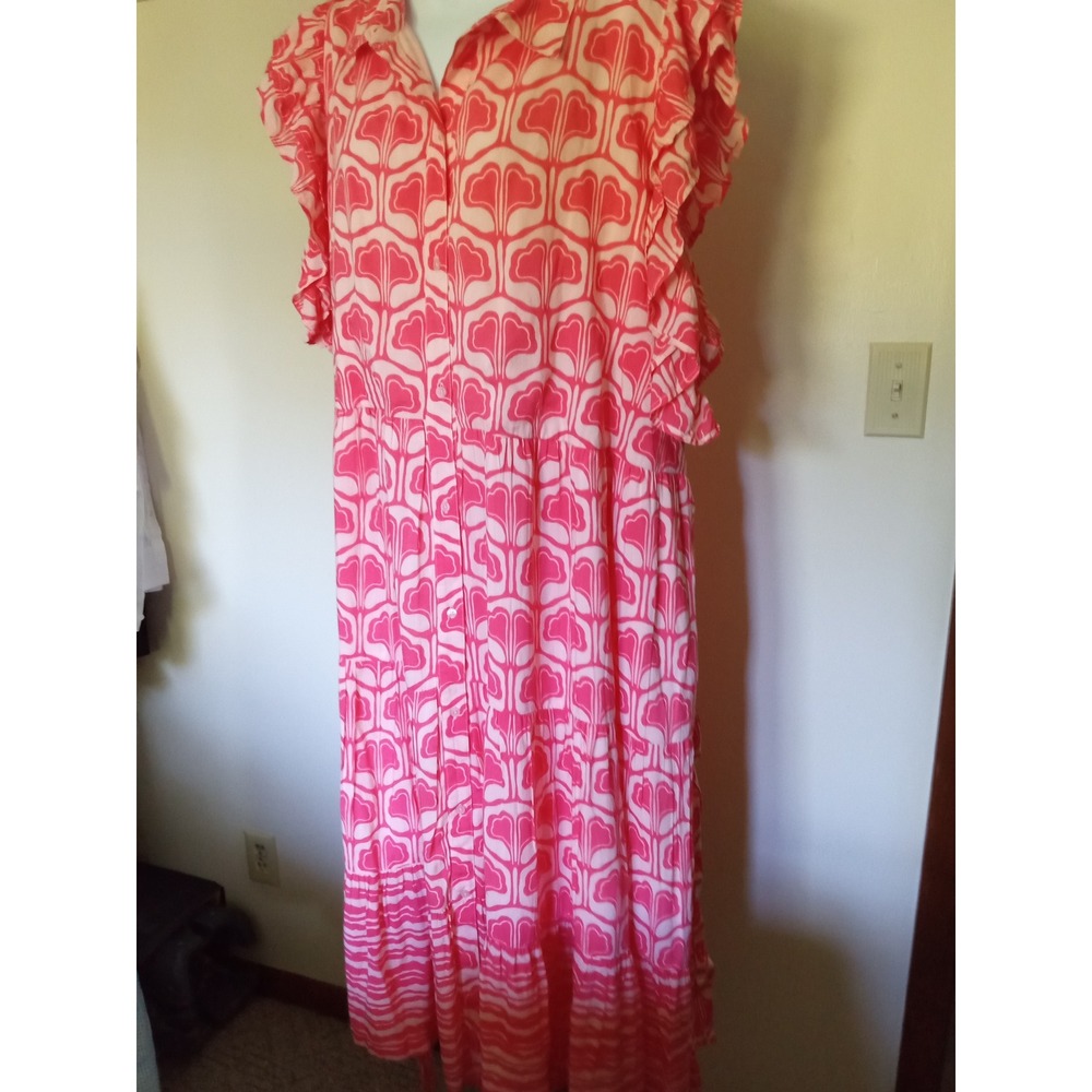 3X Pink White Heart Print Tiered Maxi Dress Ruffle Sleeve Button Front Tie Waist